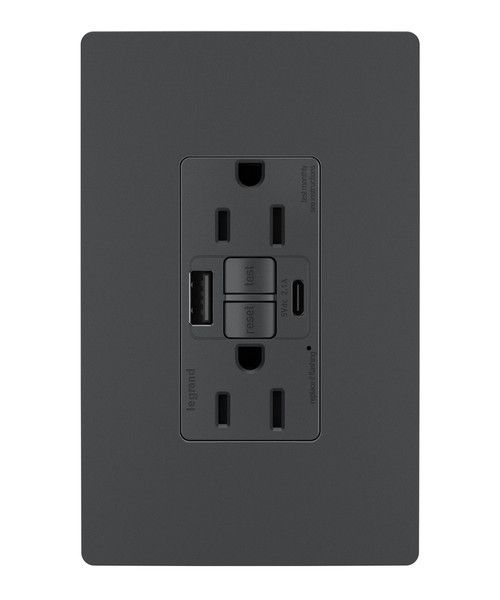 Legrand - 1597TRUSBACGC4 - Tamper-Resistant 15A Duplex Self-Test GFCI Receptacles with SafeLock Protection USB Type A/C C4 - radiant - Graphite