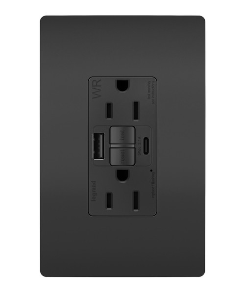 Legrand - 1597TRWRUSBACBK - Tamper Weather-Resistant 15A Duplex Self-Test GFCI Receptacles w SafeLock USB Type A/C Outlets - radiant - Black