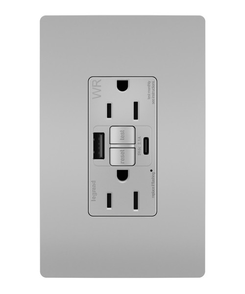 Legrand - 1597TRWRUSBACGRY - Tamper Weather-Resistant 15A Duplex Self-Test GFCI Receptacles w SafeLock USB Type A/C Outlets - radiant - Gray