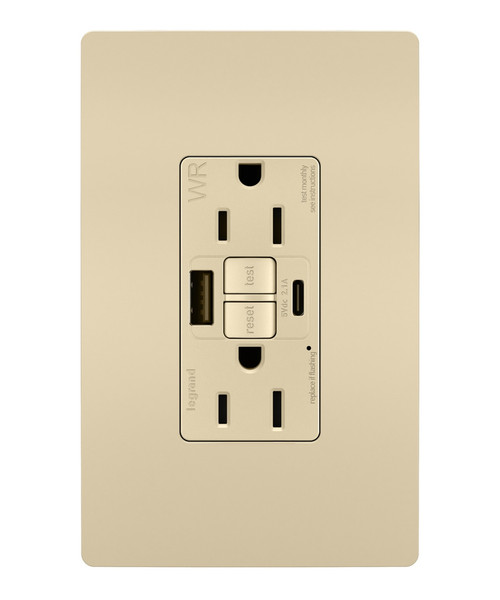 Legrand - 1597TRWRUSBACI - Tamper Weather-Resistant 15A Duplex Self-Test GFCI Receptacles w SafeLock USB Type A/C Outlets - radiant - Ivory