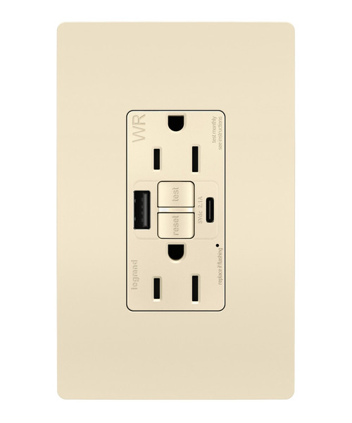 Legrand - 1597TRWRUSBACLA - Tamper Weather-Resistant 15A Duplex Self-Test GFCI Receptacles w SafeLock USB Type A/C Outlets - radiant - Light Almond