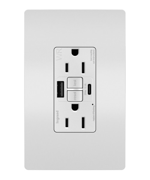 Legrand - 1597TRWRUSBACW - Tamper Weather-Resistant 15A Duplex Self-Test GFCI Receptacles w SafeLock USB Type A/C Outlets - radiant - White
