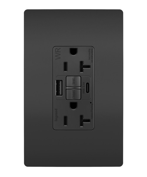Legrand - 2097TRWRUSBACBK - Tamper Weather-Resistant 20A Duplex Self-Test GFCI Receptacles w SafeLock Type A/C Outlet - radiant - Black