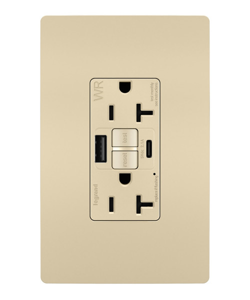 Legrand - 2097TRWRUSBACI - Tamper-Resistant Weather-Resistant Duplex Self-Test GFCI with USB Type A/C Outlet - radiant - Ivory