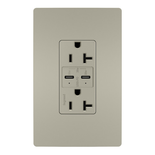 Legrand - TR20USBPDNI - 20A Tamper Resistant Ultra Fast PLUS Power Delivery USB Type C/C Outlet - radiant - Nickel