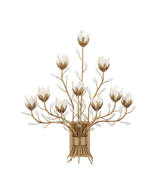 Currey and Company - 5000-0299 - Ten Light Wall Sconce - Star Magnolia - Antique Brass/White/Clear