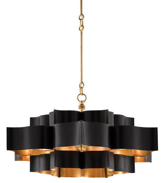 Currey and Company - 9000-0429 - Six Light Chandelier - Grand Lotus - Satin Black/Contemporary Gold Leaf