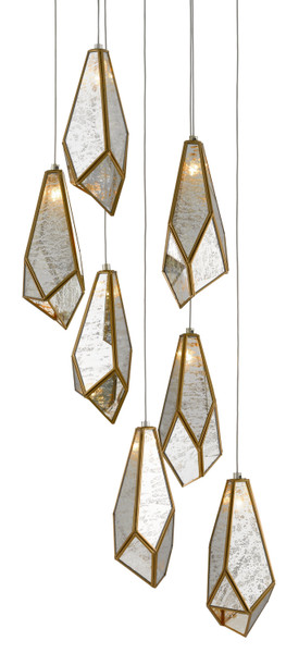 Currey and Company - 9000-0704 - Seven Light Pendant - Glace - Raj Mirror/Antique Brass/Silver