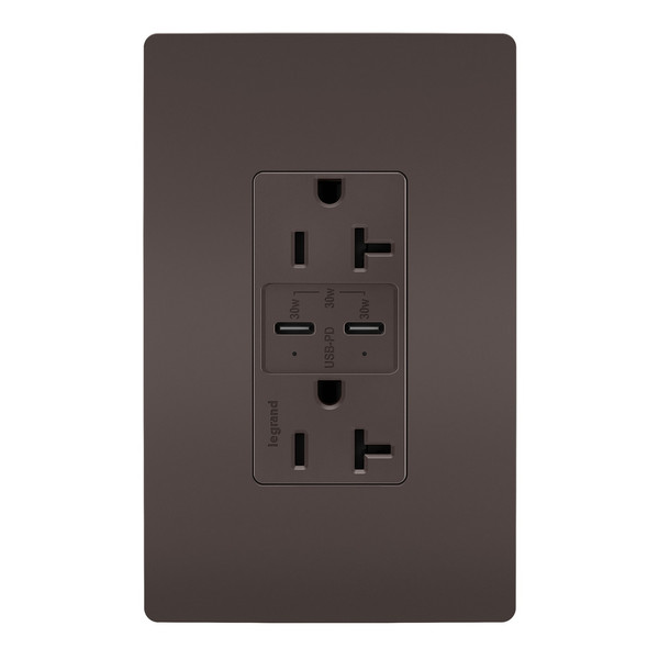 Legrand - TR20USBPD - 20A Tamper Resistant Ultra Fast PLUS Power Delivery USB Type C/C Outlet - radiant - Brown