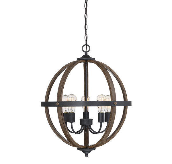 Meridian - M70041WB - Five Light Pendant - Mchan - Wood with Black