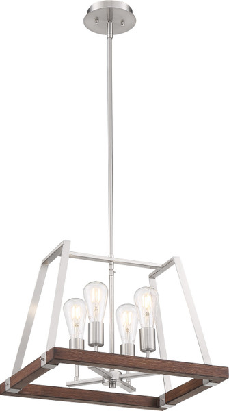 Nuvo Lighting - 60-6883 - Four Light Pendant - Outrigger - Brushed Nickel / Nutmeg Wood
