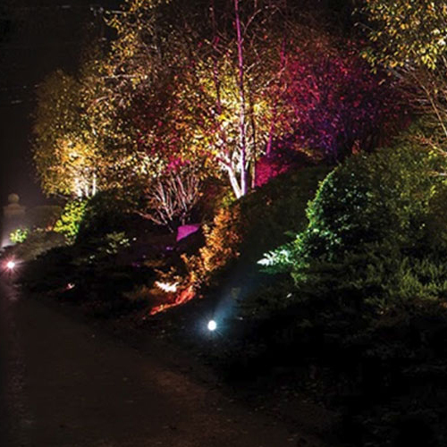 Color-changing landscape lights washing a facade in multiple colors