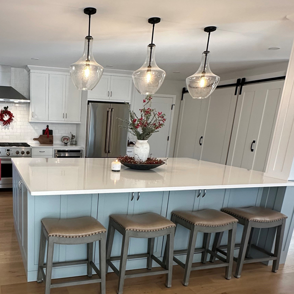 Pendant lights over a kitchen island