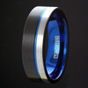 (8mm)  Unisex or Men's Blue, Black and Silver / Gray Triple Tone Tungsten Carbide Wedding ring band. Pipe Cut, Flat Edges and Comfort Fit