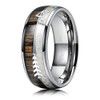 (8mm)  Unisex or Men's Tungsten Carbide Wedding ring bands. Silver Cupid's Arrow over Wood Inlay. Tungsten Carbide Ring with High Polish Antler and Dark Wood Inlay. Domed Top Ring.
