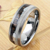 (8mm)  Unisex or Men's Tungsten Carbide Wedding ring bands. Silver Cupid's Arrow over Wood Inlay. Tungsten Carbide Ring with High Polish Antler and Dark Wood Inlay. Domed Top Ring.