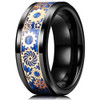 (8mm) Unisex or Men's Tungsten Carbide Wedding Ring Band. Black with Rose Gold Watch Gear Resin Inlay Design Over Blue Carbon Fiber Inlay