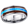 (8mm) Unisex or Men's Tungsten Carbide Wedding Ring Band - Silver Tone Wood and Sea Blue Opal Inlay Ring. 