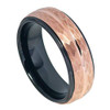 (8mm) Unisex or Men's Tungsten Carbide Wedding Ring Bands. Duo Tone Black Band with Rose Gold Hammered Grooved Finish Top.