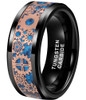 (6mm) Unisex or Women's Tungsten Carbide Wedding Ring Band. Black with Rose Gold Watch Gear Resin Inlay Design Over Blue Carbon Fiber.