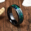 (8mm) Unisex or Men's Ceramic Wedding Ring Bands. Black Ring with Green Blue Opal Inlay.