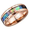 (8mm)  Unisex or Men's Tungsten Carbide Wedding ring bands. Rose Gold Multi Color Rainbow Abalone Shell Inlay Ring (Organic colors) with Diamond Faceted Edges