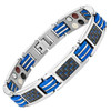 8.5" Inch Length - Men's Silver Titanium Magnetic Bracelet with Black and Blue Links and Carbon Fiber Inlay.  Wedding Bracelet or  Gift for Men