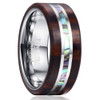 (8mm) Unisex or Men's Tungsten Carbide Wedding ring band - Wood and Rainbow Abalone Shell Inlay Ring with Silver Tones. 