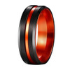 (8mm) Unisex or Men's Black and Orange Matte Finish Tungsten Carbide Wedding Ring Band with Double Orange Tone. Beveled Edges, Grooved and Comfort Fit