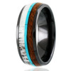 (8mm)  Unisex or Men's Wedding Tungsten Carbide Wedding ring band. Black Band with Blue Calaite Turquoise, White Antler and Wood Inlay. Comfort Fit Tungsten Carbide Domed Top Ring