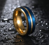 (8mm) Unisex or Men's Steel Wedding Ring Band. Matte Finish Blue Band with Yellow Gold Groove. High Polish Inside Gold Tone.