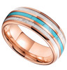 (8mm) Unisex or Men's Tungsten Carbide Wedding Ring Band - Rose Gold Band Blue Turquoise, Racing Stripes and White Antler Inlay Ring. 