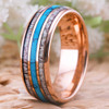 (8mm) Unisex or Men's Tungsten Carbide Wedding Ring Band - Rose Gold Band Blue Turquoise, Racing Stripes and White Antler Inlay Ring. 