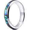 (4mm) Women's Tungsten Carbide Wedding Ring Bands. Domed Top Silver Band and Multiple Color Rainbow Abalone Shell Inlay with Organic Tones.