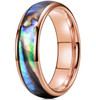 (6mm) Unisex, Women's or Men's Tungsten Carbide Wedding Ring Bands. Domed Top Rose Gold Band and Multiple Color Rainbow Abalone Shell Inlay with Organic Tones.