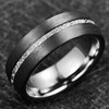 (8mm) Unisex or Men's Tungsten Carbide Wedding Ring Band. Black Band with Inner Silver and Inspired Meteorite Thin Stripe Groove Design.