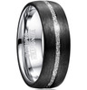 (8mm) Unisex or Men's Tungsten Carbide Wedding Ring Band. Black Band with Inner Silver and Inspired Meteorite Thin Stripe Groove Design.