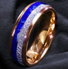 (8mm) Unisex or Men's Tungsten Carbide Wedding ring bands. Rose Gold Tone Band with Cupid's Arrow over Blue Lasurite and Inspired Meteorite Inlay. Tungsten Carbide Domed Top Ring.