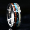 (8mm) Unisex or Men's Titanium Wedding Ring Band. Silver band with Triple Color Turquoise, Wood and Antler Inlay. Light Weight and Comfort Fit. 