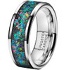 (8mm) Unisex or Men's Tungsten Carbide Wedding Ring Bands. Silver Band with Greenish Blue and Rainbow Opal Accented Inlay with Organic Tones.