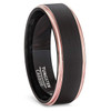 (6mm) Unisex or Women's Tungsten Carbide Wedding Ring Band. Black with Rose Gold Edge Stripes in High Polish. Comfort Fit.