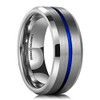 (8mm) Unisex or Men's Tungsten Carbide Wedding Ring Band. Silver Tone Matte Finish Ring with Blue Line groove and Beveled Edges.