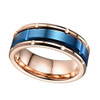 (8mm) Unisex or Men's Tungsten Carbide Wedding Ring Bands - Rose Gold Band with Middle Blue Brick Pattern. High Polish Sides with Matte Finish Center. Grooved and Comfort Fit.