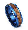 (8mm) Unisex or Men's Tungsten Carbide Wedding Ring Bands. Blue Band with Dark Wood Inlay. High Polish Ring with Beveled Edges.