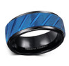 (8mm) Unisex or Men's Tungsten Carbide Wedding Ring Bands. Duo Tone Black and Blue Diagonal Groove Tread Top Ring.