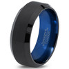 (8mm) Unisex or Men's Tungsten Carbide Wedding Ring. Black Matte Top with Blue Polished Inside and Beveled Edges.