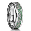 (6mm) Unisex or Women's Tungsten Carbide Wedding Ring Band. Silver Celtic Knot Ring with Green and Silver Resin Inlay.