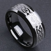 (8mm) Unisex or Men's or Women's Irish Claddagh Tungsten Carbide Wedding Ring Band. Black Ring with Laser Etched Celtic Knot with Heart in Hands.