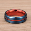 (8mm) Unisex or Men's Tungsten Carbide Wedding Ring Band. Blue Band with Red Line Groove. Matte Finish and Beveled Edges.