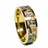 (8mm) Unisex or Men's Gold Tone with Brown, Green and Tan Camouflage Titanium Wedding Ring Band with Carbon Fiber Inlay